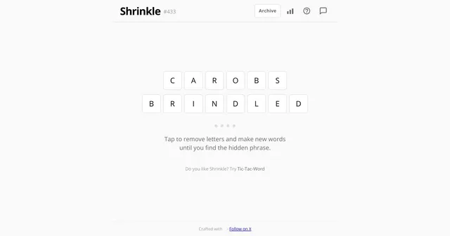 Shrinkle puzzle #433 showing the two starting words CAROBS and BRINDLED as letter tiles