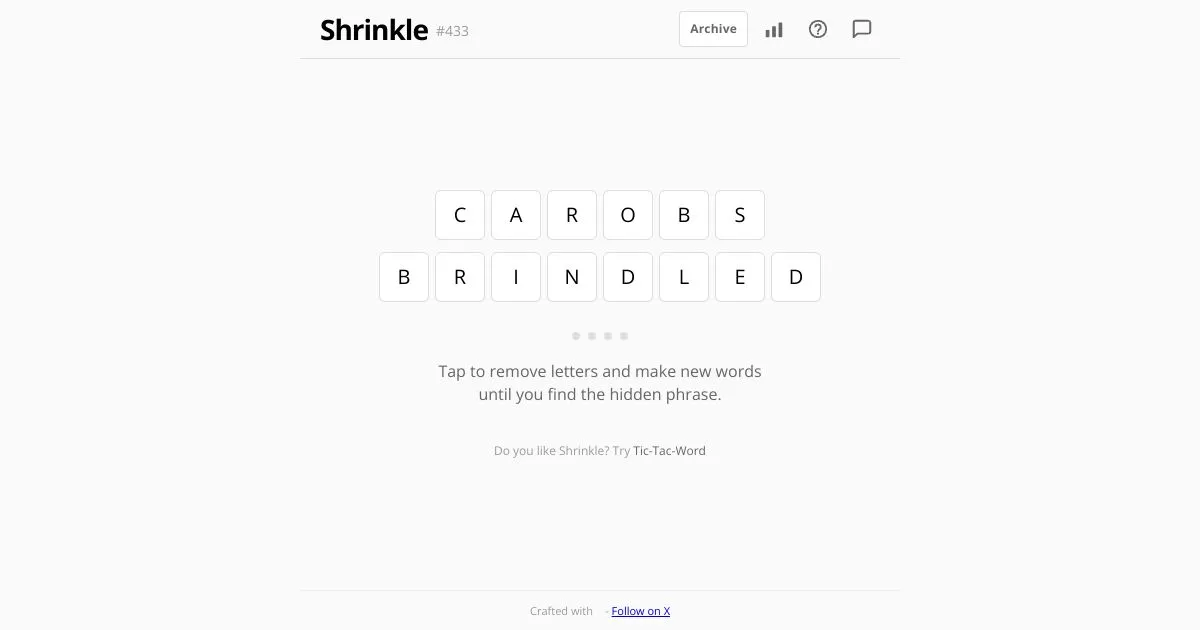 Shrinkle puzzle #433 showing the two starting words CAROBS and BRINDLED as letter tiles