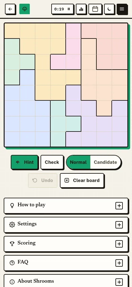 Shrooms on a phone: the empty Easy 8x8 grid of coloured patches fills the screen width, with Hint, Check, Undo and Clear board below