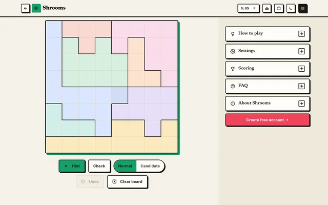 The Shrooms Easy daily board on Greatest Games: an empty 8x8 grid divided into pastel colour regions, with Hint, Check, Normal and Candidate modes and Clear board