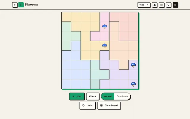 Today's Shrooms Easy board on desktop: an 8x8 grid of pastel dirt patches with four blue-capped mushrooms placed, above Hint, Check, Normal and Candidate buttons