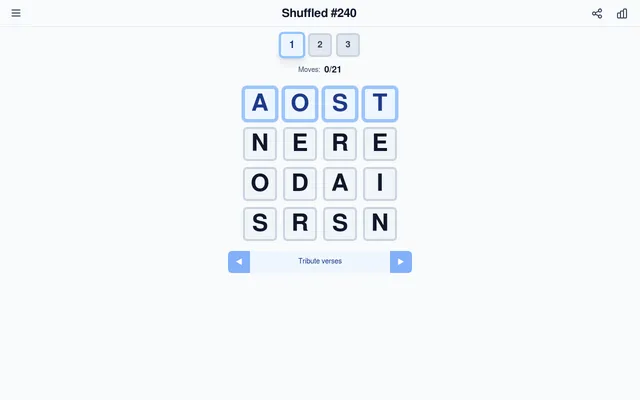 Shuffled #240, puzzle 1 of 3: a scrambled 4x4 grid of letters with the first row highlighted, moves 0/21, and the clue Tribute verses between arrows to step through the clues