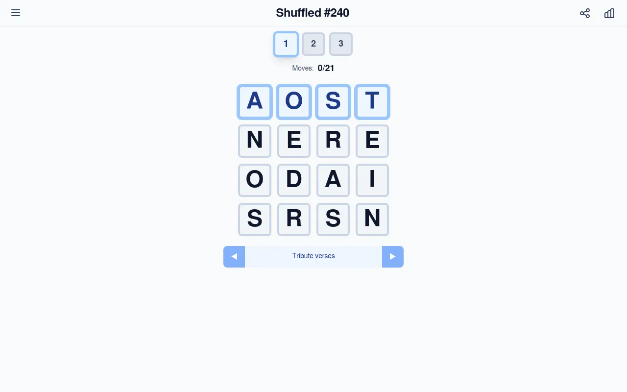 Shuffled #240, puzzle 1 of 3: a scrambled 4x4 grid of letters with the first row highlighted, moves 0/21, and the clue Tribute verses between arrows to step through the clues