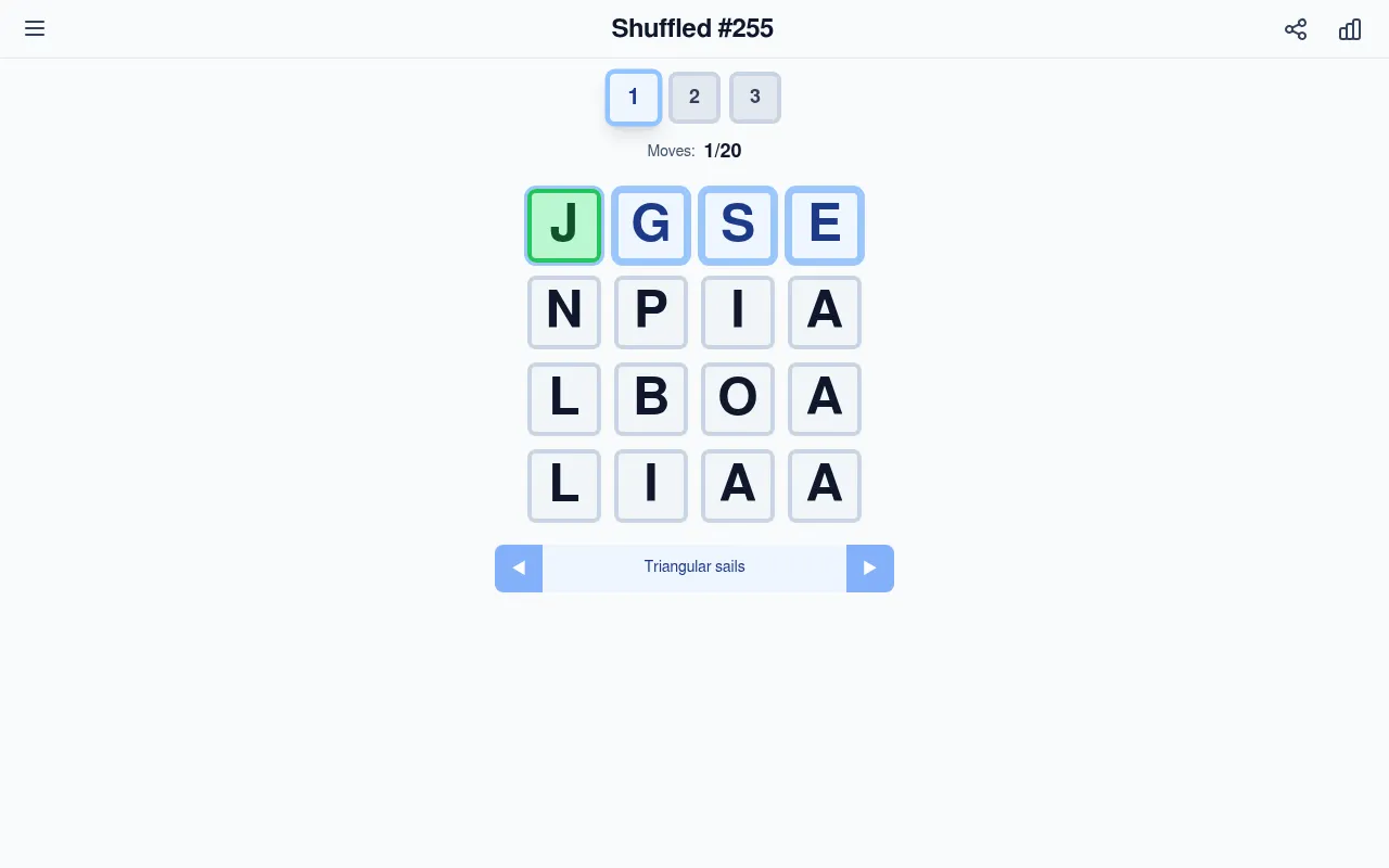 Shuffled #255, grid 1 of 3: a 4x4 board of scrambled letters, one J swapped into place and locked green, moves 1/20, clue Triangular sails