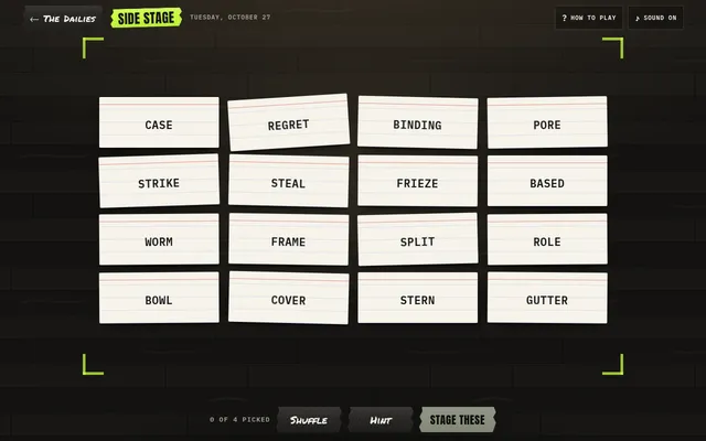 The Side Stage board for Tuesday 27 October 2026: sixteen word slips such as Case, Regret, Strike, Frieze and Gutter, with Shuffle, Hint and Stage these below
