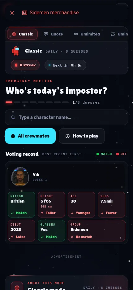 Sidemen Guess The Impostor's Classic daily at phone size, one guess (Vik) with its seven clue tiles below the name box