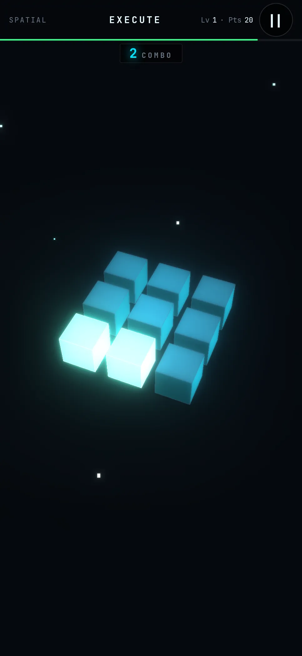 Signal during play: two lit cubes on the 3D board while the player reproduces the pattern