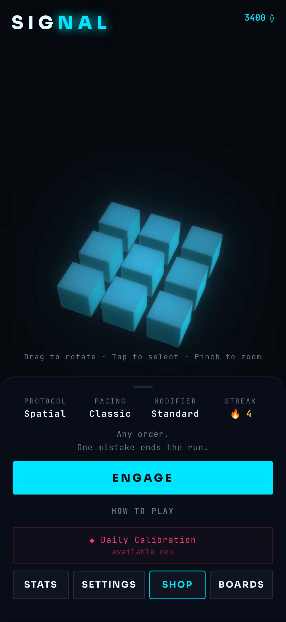 The Signal main screen on a phone: the cube board, protocol and pacing settings, the Engage button and Daily Calibration