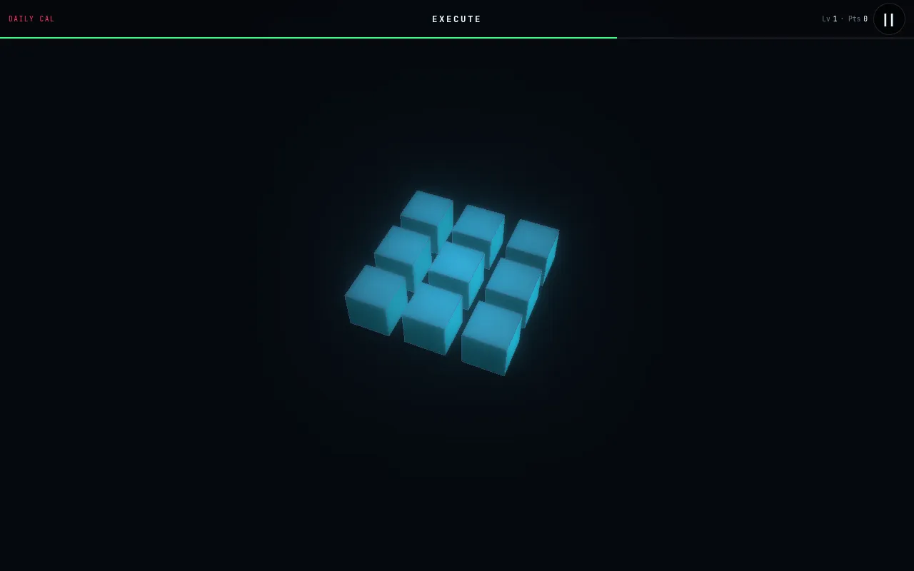 A Signal Daily Calibration run on 27 October 2026 at level 1: the 3D board of nine blue cubes in the Execute phase