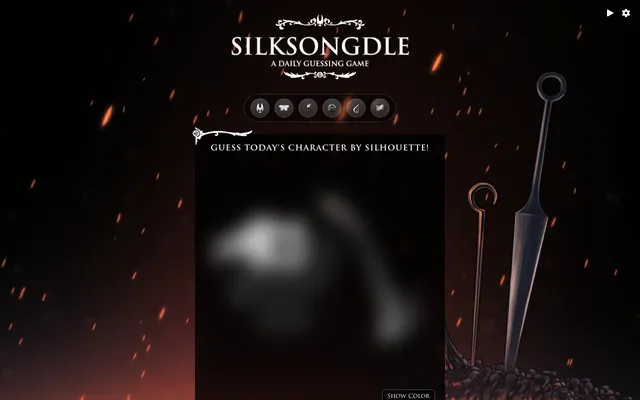 Silksongdle Character mode: Guess today's character by silhouette, a heavily blurred grey shape on black with a Show Color button, under the row of mode icons