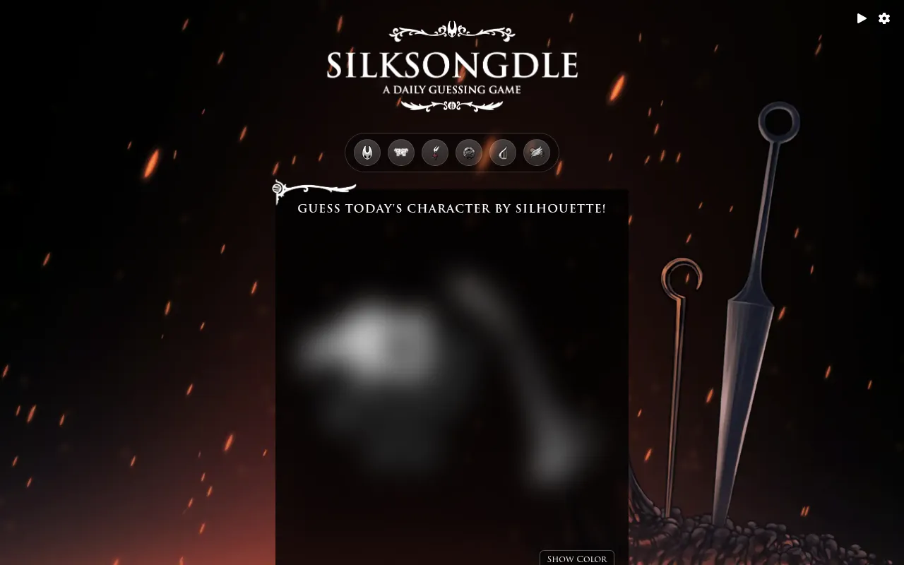 Silksongdle Character mode: guess today's character by silhouette, a heavily blurred grey shape on black with a Show Color button, under the row of mode icons