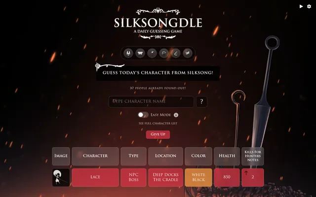 Silksongdle classic mode today: a guess of Lace shows its type, area, colours, health 850 and journal kills, marked against the day's character