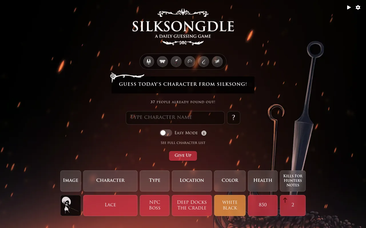 Silksongdle classic mode today: a guess of Lace shows its type, area, colours, health 850 and journal kills, marked against the day's character