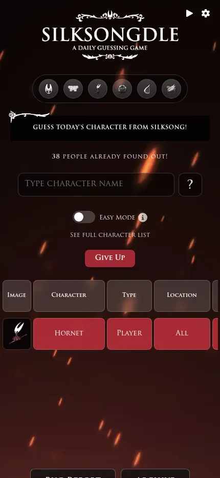 Silksongdle classic mode at phone size: a guess of Hornet in the trait table, which scrolls sideways, under the name box and Give Up