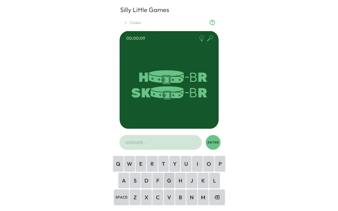 Today's Silly Little Codes puzzle in a desktop browser: two belts after H and SK, each followed by minus BR, above the answer box and on-screen keyboard