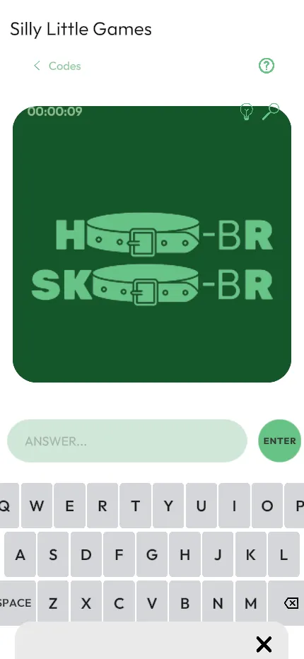 The same Silly Little Codes rebus at phone size, with the timer, hint and reveal buttons over the green card