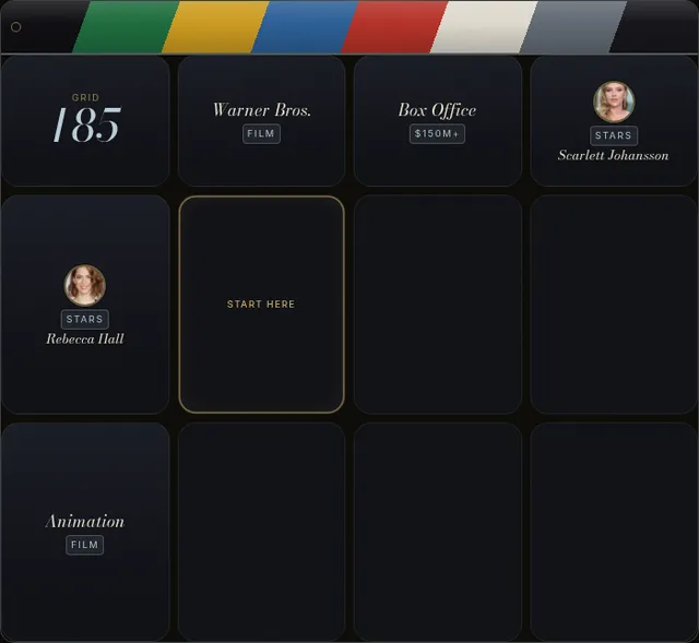 Today's Silver Screen Grid, grid 185 at desktop size: columns Warner Bros. Film, Box Office $150M+ and Scarlett Johansson, rows Rebecca Hall and Animation, six empty cells