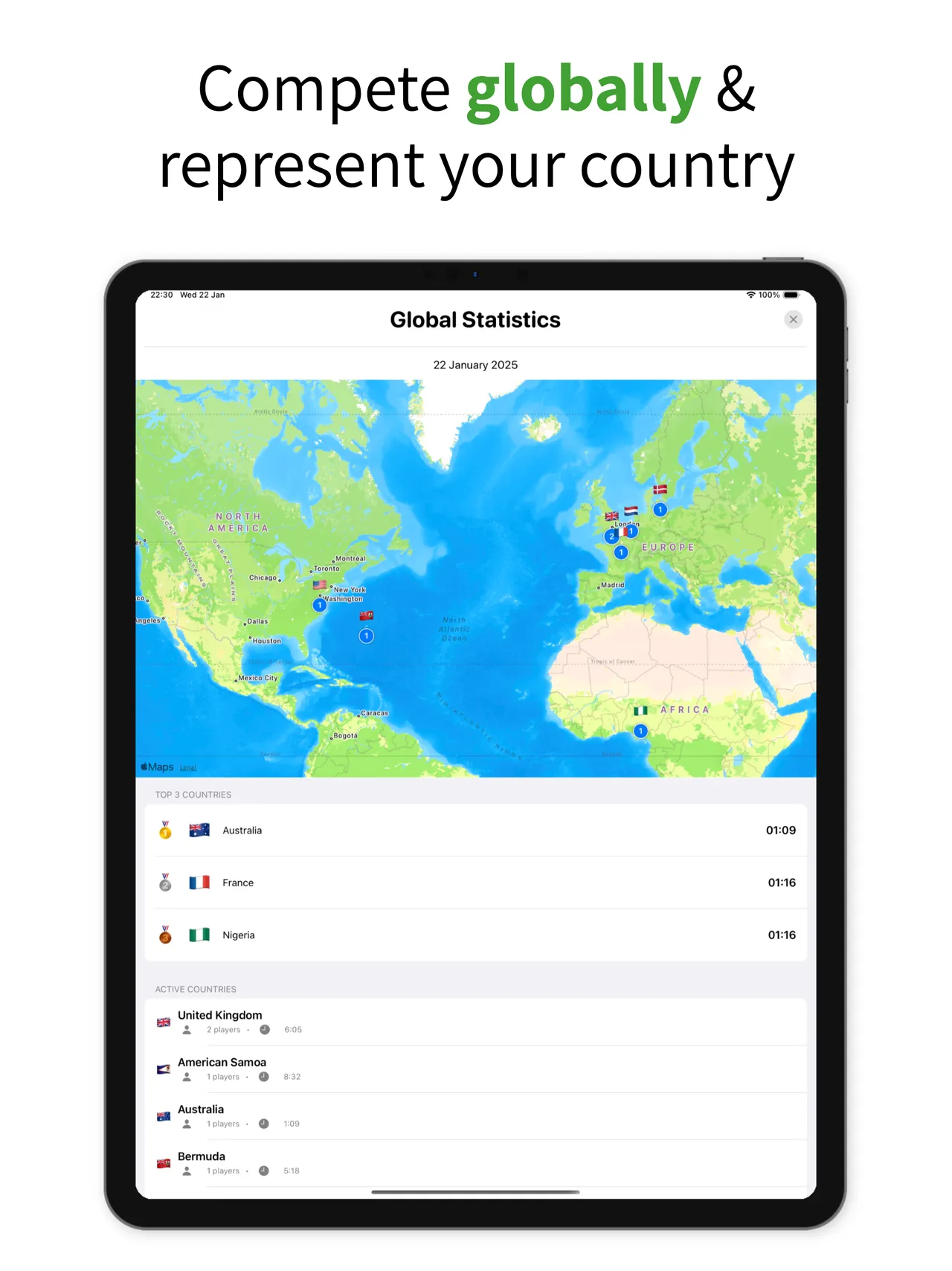 Simple Sudoku global statistics for 22 January 2025 with a world map and top three countries by time