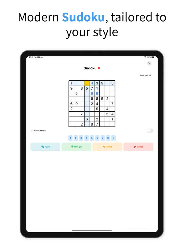 Simple Sudoku on an iPad: a 9x9 sudoku in progress with a timer, notes toggle and number buttons