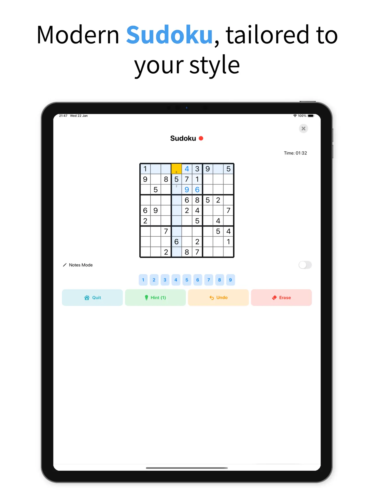 Simple Sudoku on an iPad: a 9x9 sudoku in progress with a timer, notes toggle and number buttons