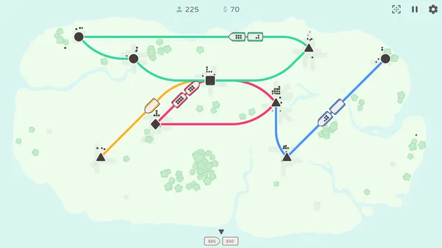 Simple Trains screenshot of a minimalist railway network linking stations