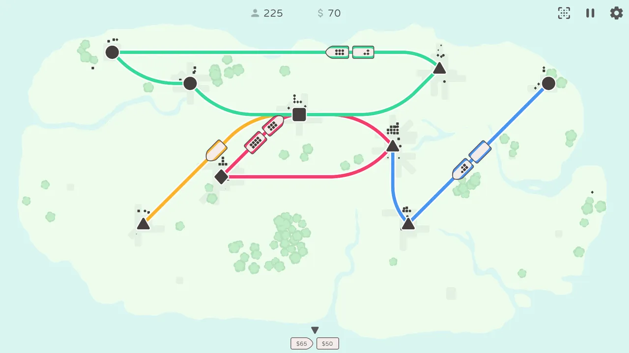 Simple Trains screenshot of a minimalist railway network linking stations