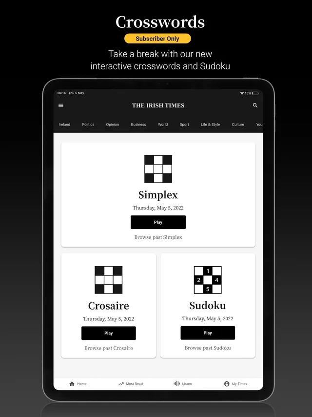 The Irish Times app on an iPad, Crosswords section: tiles for Simplex, Crosaire and Sudoku, each with a Play button and a link to past puzzles