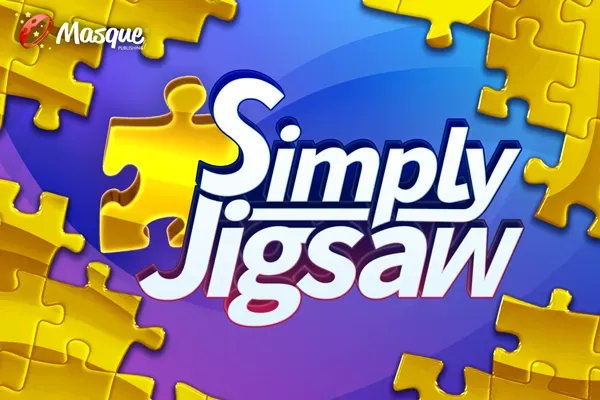 The Simply Jigsaw title on a blue background framed by gold jigsaw pieces, with the Masque Publishing mark