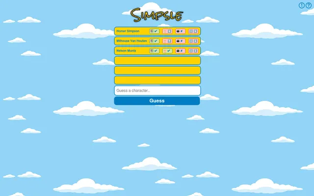 Simpsle mid-game: three guesses (Homer Simpson, Milhouse Van Houten, Nelson Muntz) with tick, cross and arrow boxes for gender, age, relation and appearances, three rows left