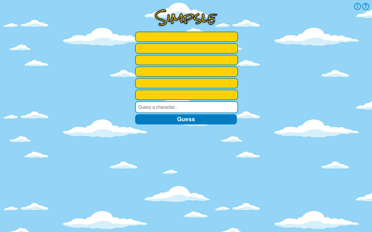 Simpsle's daily board: the yellow Simpsle title over a sky of clouds, six empty yellow guess rows, a Guess a character box and a Guess button