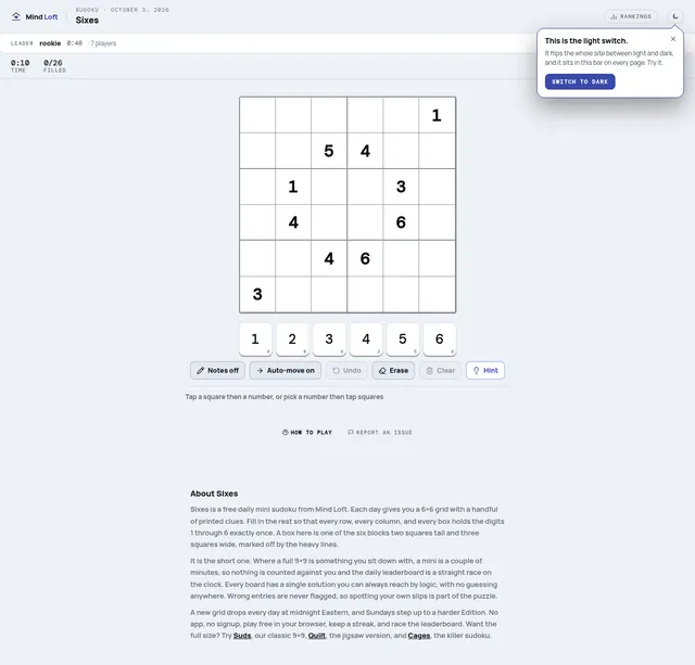 Sixes on Mind Loft for October 3, 2026: a 6x6 sudoku grid with boxes two squares tall and three wide and ten printed digits, above a 1 to 6 number pad and Notes, Auto-move, Undo, Erase, Clear and Hint