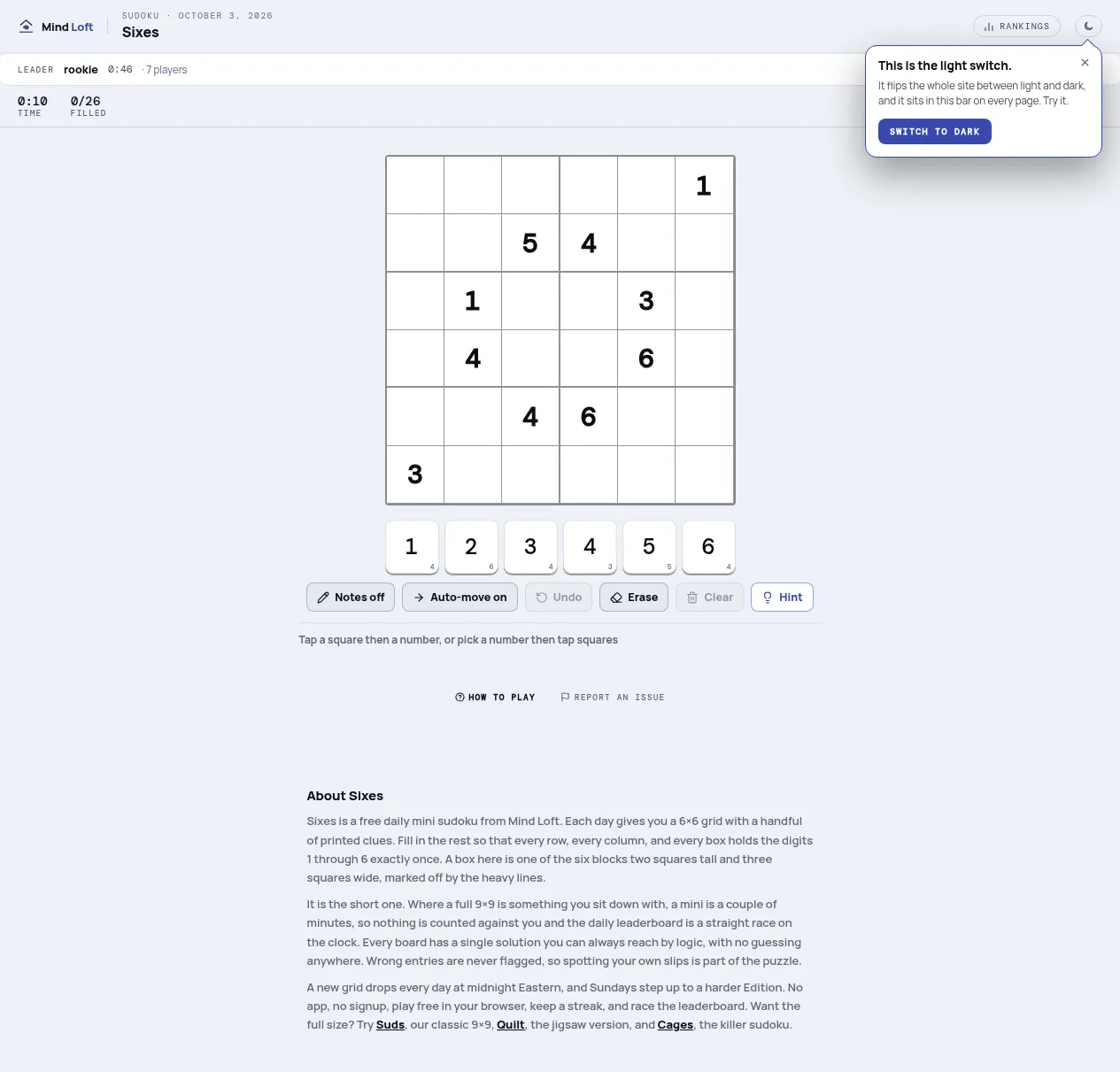 Sixes on Mind Loft for October 3, 2026: a 6x6 sudoku grid with boxes two squares tall and three wide and ten printed digits, above a 1 to 6 number pad and Notes, Auto-move, Undo, Erase, Clear and Hint