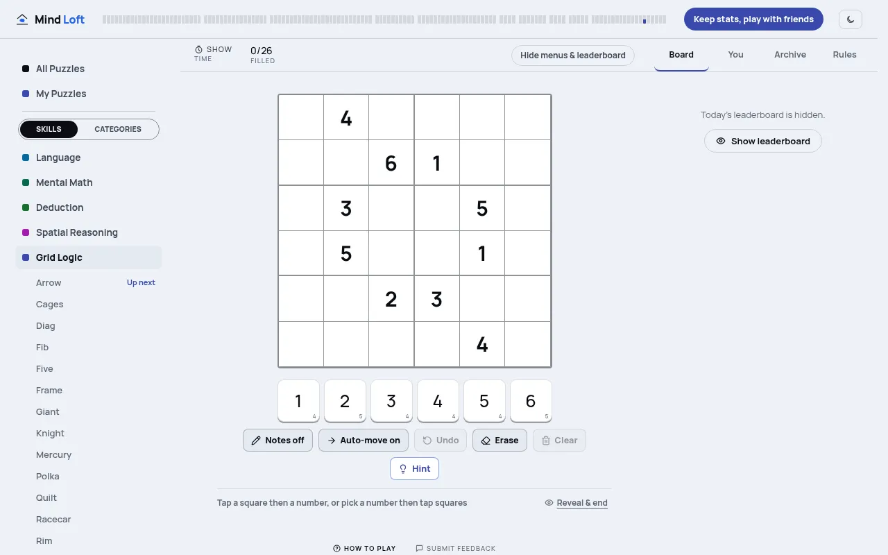 Sixes on Mind Loft for October 21, 2026: today's empty 6x6 sudoku grid with ten printed digits in two-by-three boxes, above a 1 to 6 number pad, Notes, Auto-move, Undo, Erase, Clear and Hint