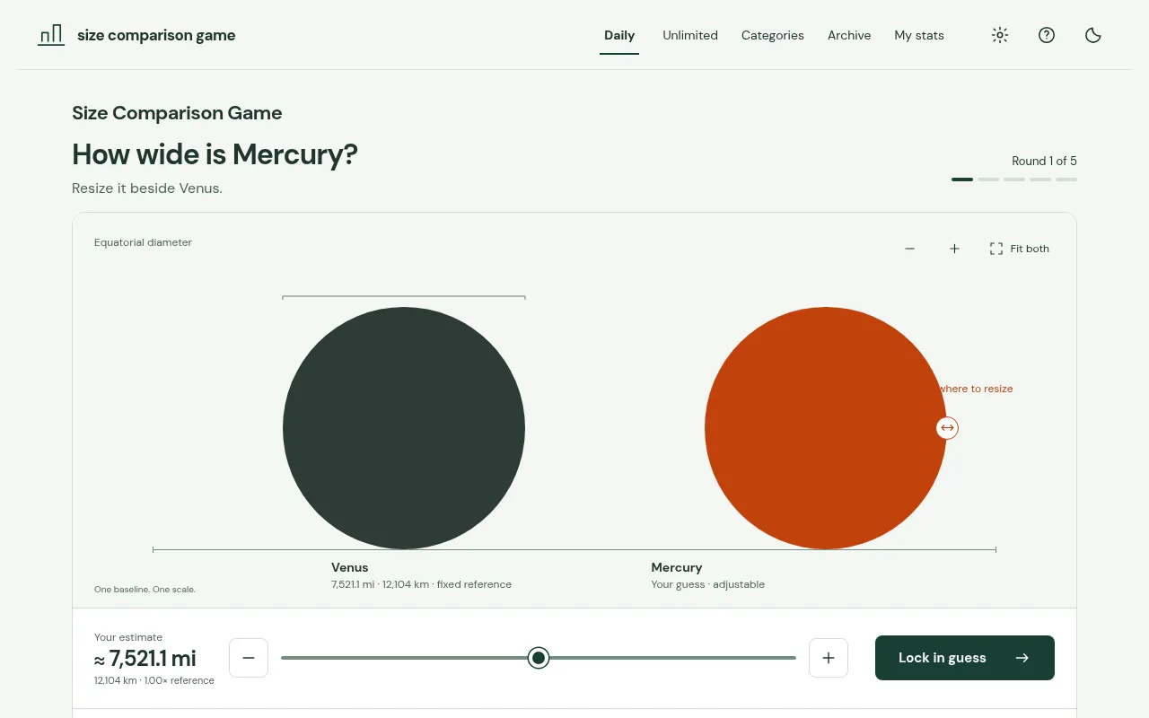 Size Comparison Game Daily #31, round 1 of 5: how wide is Mercury, its orange disc resized beside Venus on one baseline, with the estimate slider and Lock in guess button