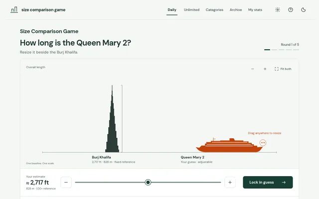 A Size Comparison Game round asking how long the Queen Mary 2 is, its silhouette set beside the Burj Khalifa on one baseline with a size slider below