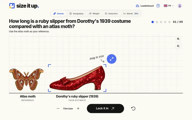 A Size It Up round: an atlas moth as the reference beside Dorothy's ruby slipper being resized on a grid, with the Lock it in button