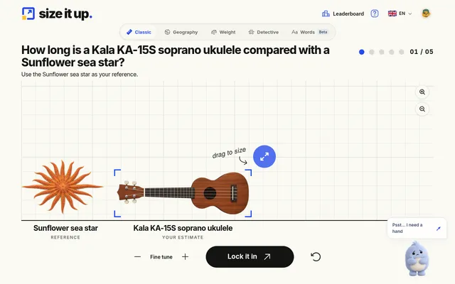 Size It Up on 27 October 2026: round 1 of 5 asks how long a Kala soprano ukulele is next to a sunflower sea star, with the drag handle and Lock it in button