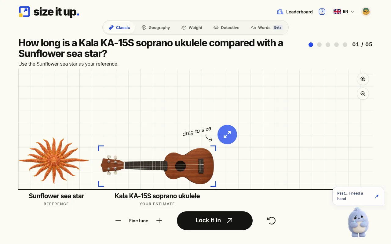 Size It Up on 27 October 2026: round 1 of 5 asks how long a Kala soprano ukulele is next to a sunflower sea star, with the drag handle and Lock it in button