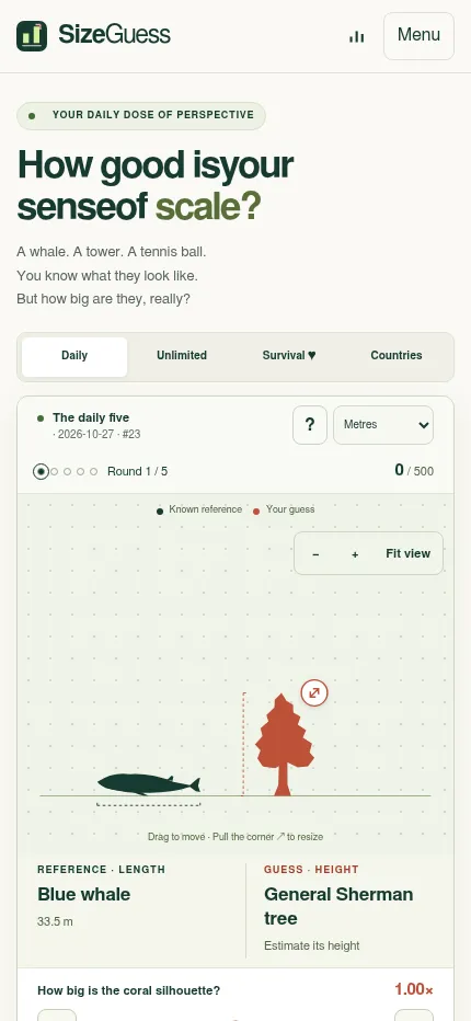 SizeGuess at phone size: the Daily, Unlimited, Survival and Countries tabs above round 1 of the daily five, a blue whale beside the General Sherman tree