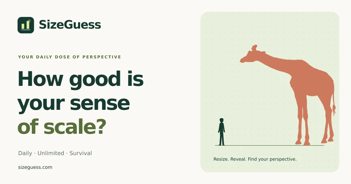 SizeGuess share card: a person silhouette beside a giraffe silhouette on one scale, with the question How good is your sense of scale?