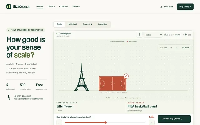 SizeGuess daily five round 1: the Eiffel Tower, 330 m, as reference beside a FIBA basketball court silhouette to resize