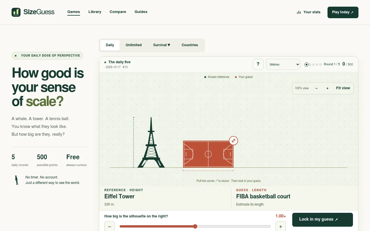 SizeGuess daily five round 1: the Eiffel Tower, 330 m, as reference beside a FIBA basketball court silhouette to resize