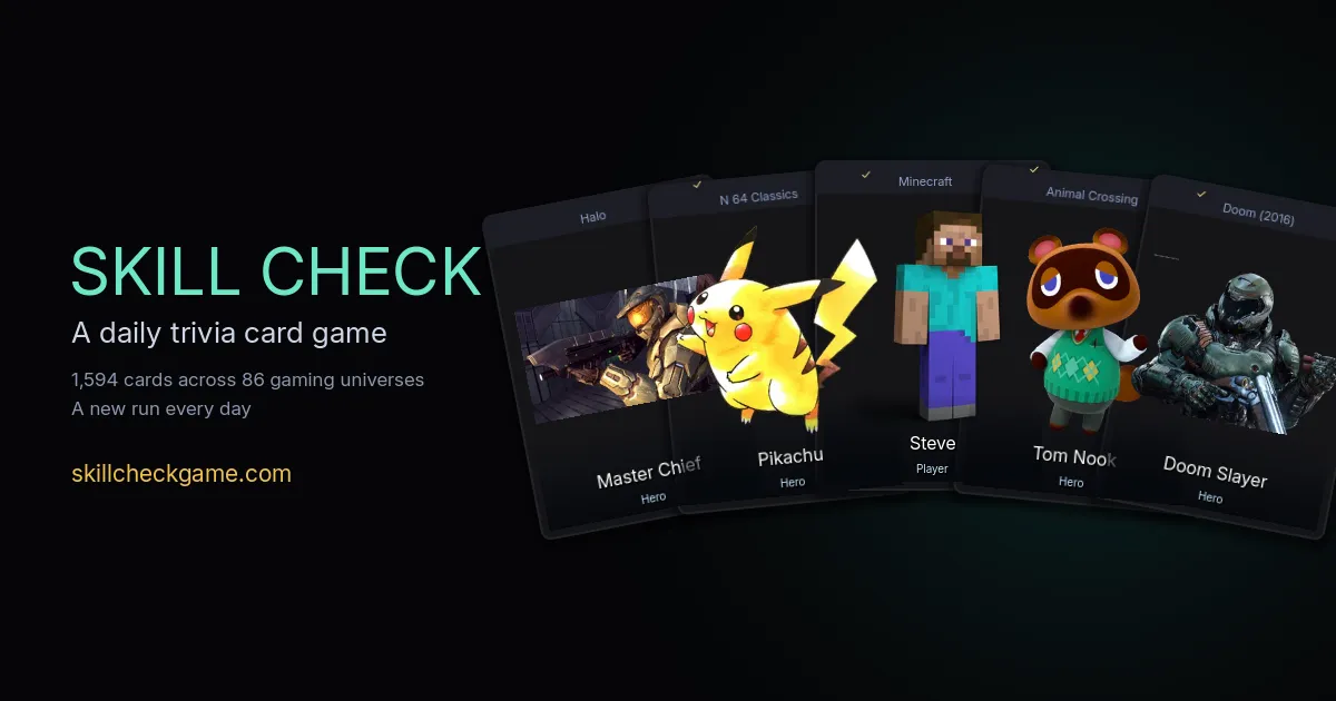 Skill Check cards for Master Chief, Pikachu, Steve, Tom Nook and Doom Slayer fanned beside the game title