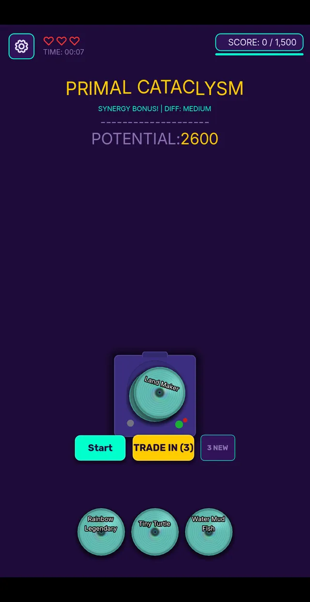 Skill Check board from the Google Play listing: a cartridge in the console, a hand of three cartridge cards, a synergy bonus banner, three hearts and a 1,500 point target