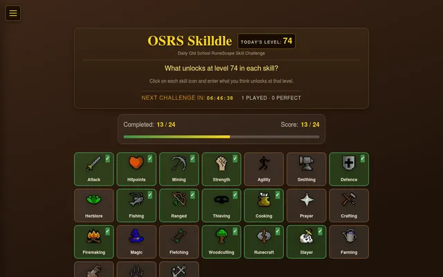 Skilldle on level 74: the question What unlocks at level 74 in each skill, a countdown to the next challenge, a score of 13 of 24 and the grid of skill tiles with ticks on those already passed