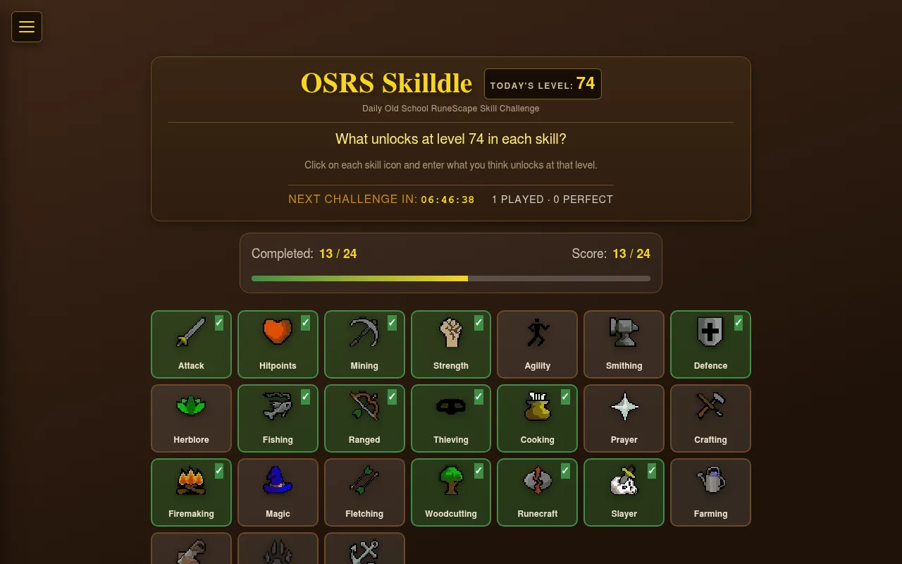 Skilldle on level 74: the question What unlocks at level 74 in each skill, a countdown to the next challenge, a score of 13 of 24 and the grid of skill tiles with ticks on those already passed
