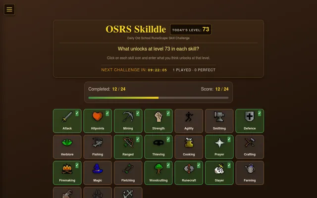 Skilldle on level 73: the OSRS Skilldle title, the question What unlocks at level 73 in each skill, a countdown to the next challenge, a progress bar and a grid of skill tiles from Attack to Farming,