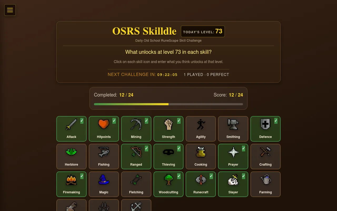 Skilldle on level 73: the OSRS Skilldle title, the question What unlocks at level 73 in each skill, a countdown to the next challenge, a progress bar and a grid of skill tiles from Attack to Farming,