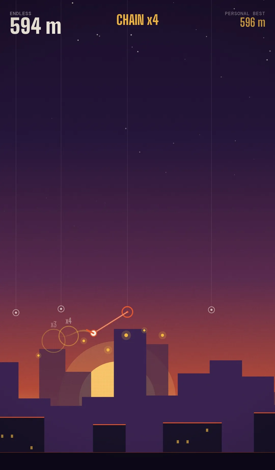 Skyhook Daily endless run on a phone at 594 m with a chain of x4 and a personal best of 596 m