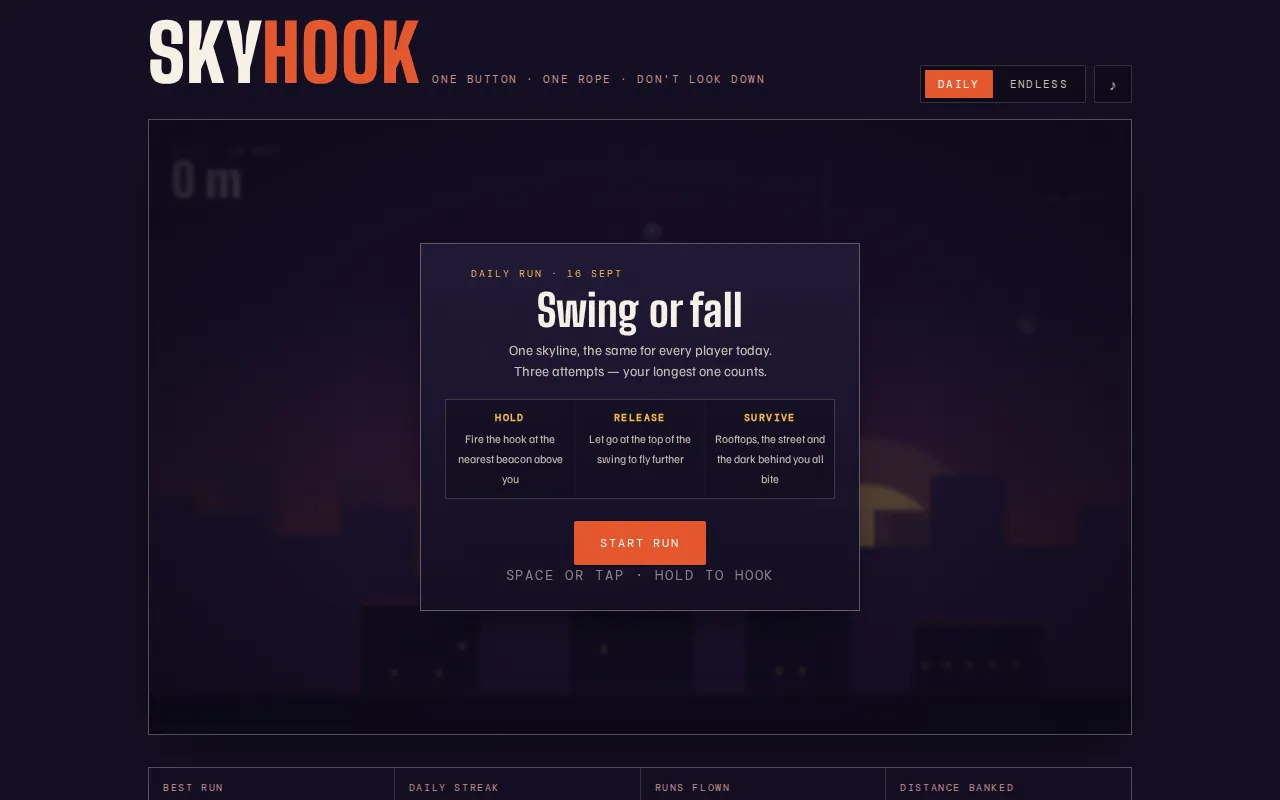 Skyhook Daily start screen for the 16 September daily run: Swing or fall, one skyline the same for every player, three attempts